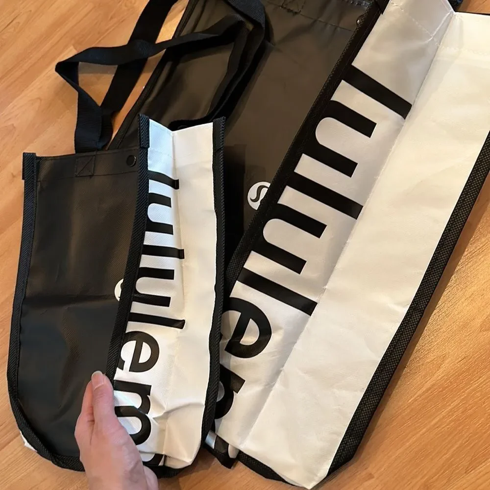 Bundle 2 Lululemon Reusable Shopping Gift Bag Totes Large & Small Black white